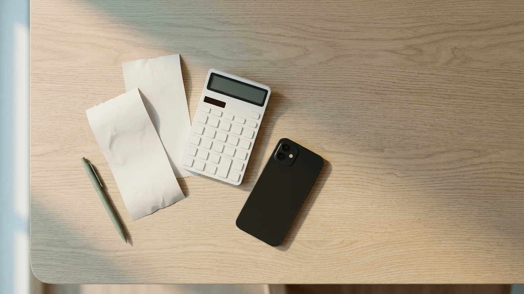 Two paper receipts and a calculator on a wooden desk beside a phone showing a currency conversion